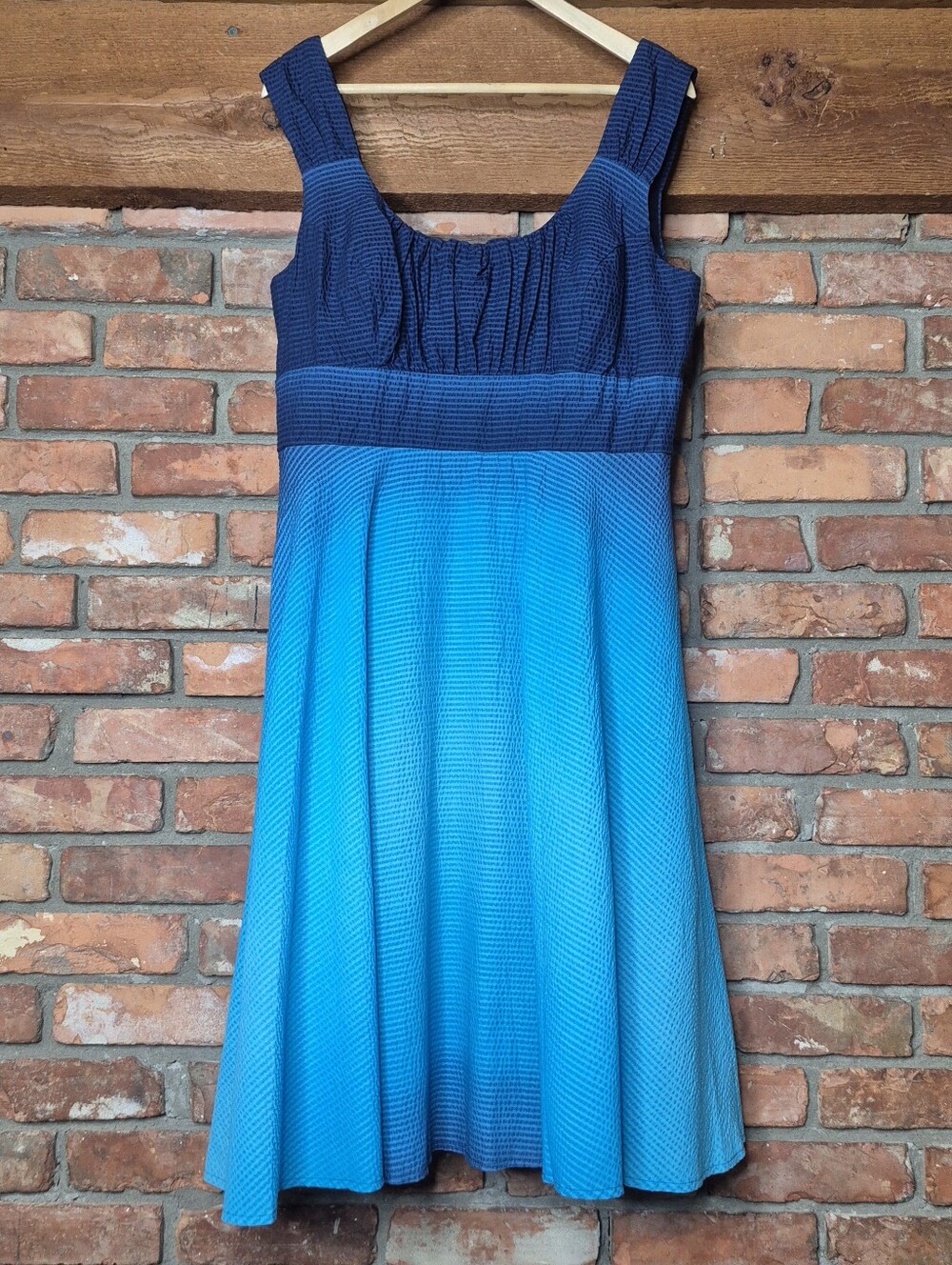 Aditi Size 16 Blue Ombre Seersucker Cotton Fit Flare Midi Dress Lined